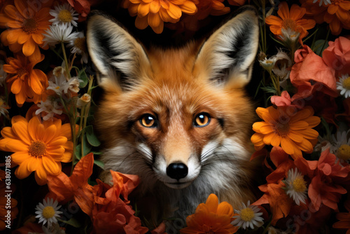 Generated photorealistic image of a red fox in chrysanthemums