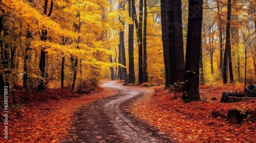 autumn colored woodland path The fall forest landscape is bright. A lovely natural setting accented by the vibrant fall colors. Autumn leaves that have been dyed. road environment in a forest