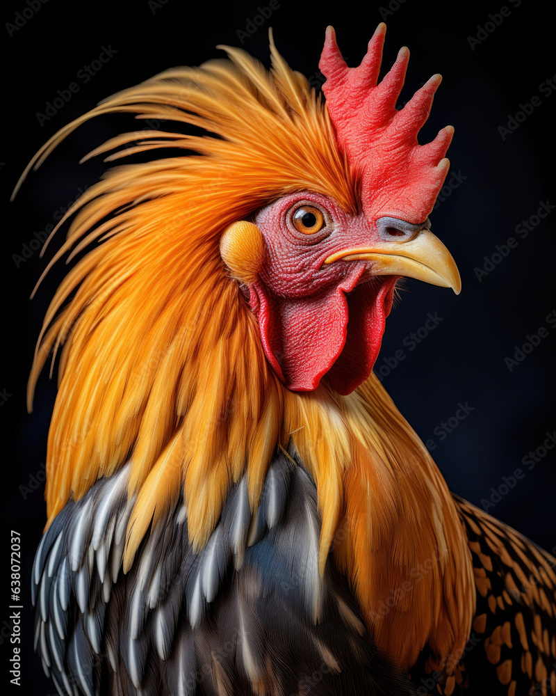 Generated photorealistic image of a purebred fighting cock with a graceful feather comb 