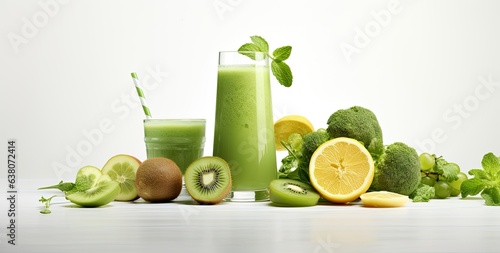 Glass of healthy green juice and fresh fruits on white background. Created with Generative AI technology.