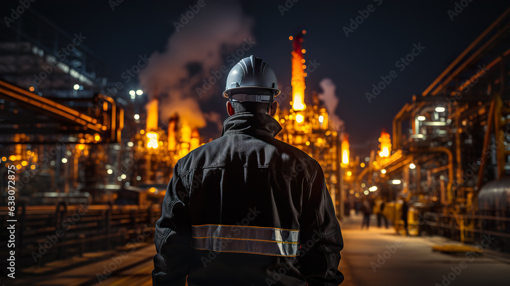 Engineer working in oil refinery at night. Oil and gas industry. Engineer working in oil refinery at night. Oil and gas industry.