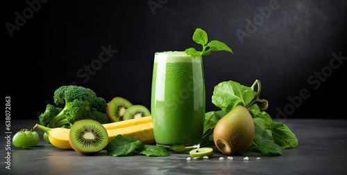 Glass of healthy green juice and fresh fruits on white background. Created with Generative AI technology.