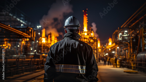 Engineer working in oil refinery at night. Oil and gas industry.