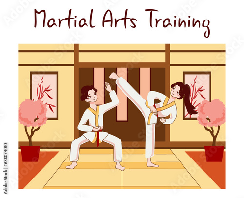 Asian people doing sport. Karate exercising. Chinese practise or martial art © inspiring.team