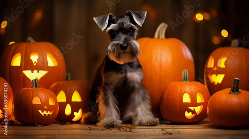 Miniature Schnauzer Dog at Halloween sat down surrounded by pumpkins