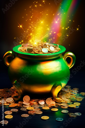 A pot full of gold coins with a rainbow inside. Generative AI