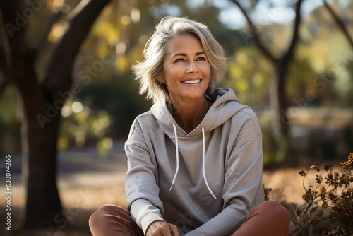 an elderly beautiful woman of 50 years old with gray white hair, a wide smile, in an hoodie in the park
