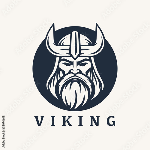 Nordic viking logo. Norse warrior icon. Horned barbarian helmet symbol. Norseman Odin emblem. Vector illustration.