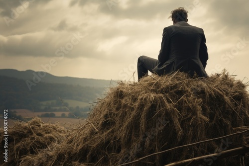 Fototapeta A man sits atop a large haystack, wearing a gray suit and black pants, against a sky white clouds