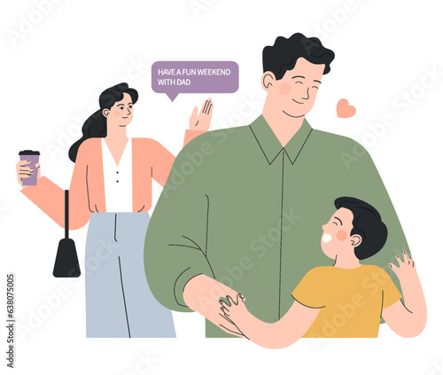 Joint parenting. Divorced spouses raising a child together. Kid spending