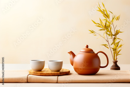 Wallpaper Mural Tea set with teapot and cups on beige background Torontodigital.ca