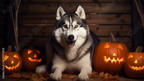 Siberian Husky Dog at Halloween sat down surrounded by pumpkins © Platysmo