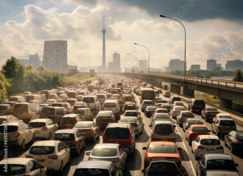 Blurred traffic jam in bangkok road with sunlight. Created with Generative AI technology.