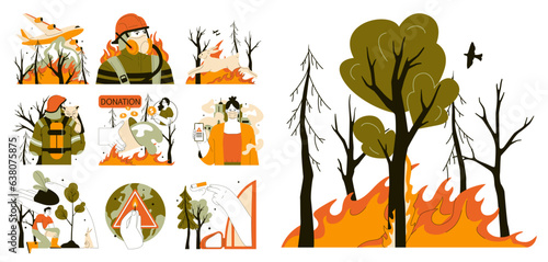 Wildfire set. Burning forest trees, dangerous and harmfull nature disaster.