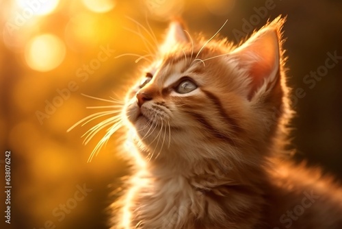 Cute striped ginger kitten sits on a yellow bokeh background and looks up. Cat in the backlight of the sun, warm, autumn. Kitten alone on the street, stray animals, lost. Copy space banner.