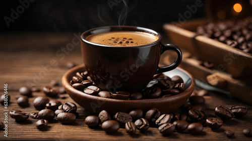 hot black coffee cup with coffee beans decoration