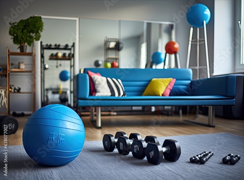 Fitness workout equipment in living room. Created with Generative AI technology.