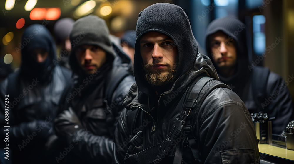 A group of robbers with guns commits a bank robbery. A group of robbers with guns commits a bank robbery.