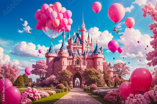 Leinwand Poster Fairytale pink palace with balloons