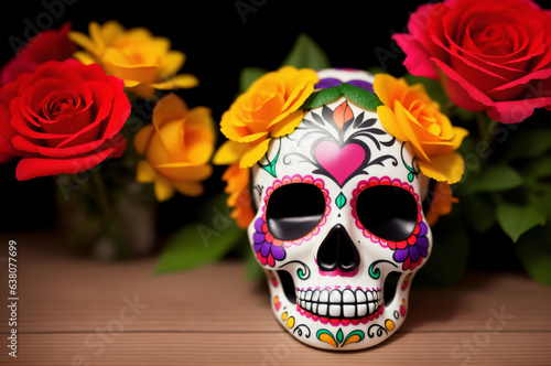 Calavera skull and vivid flowers for celebration of Dia de los Muertos. Painted sugar skulls as mascot for Day of the Dead. Mexican folklore