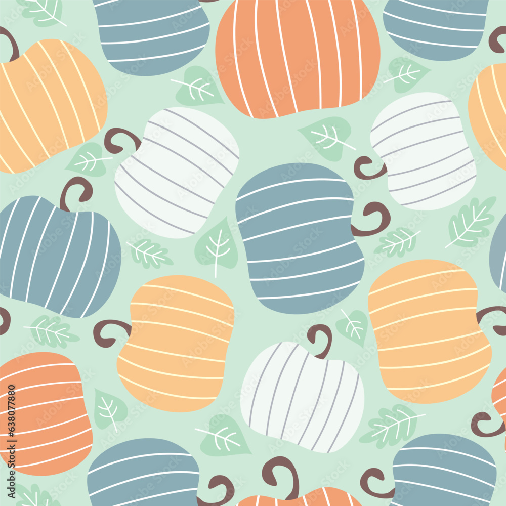 Seamless pattern with pumpkins. Autumn background with pumpkins and leaves. Vector illustration. 