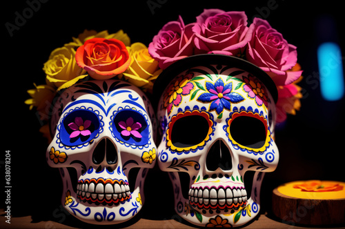Dia de los Muertos wallpaper with two painted skulls wearing wreaths of roses on a black background. Widescreen banner with Mexican calavera  la Catrina for the Day of the Dead