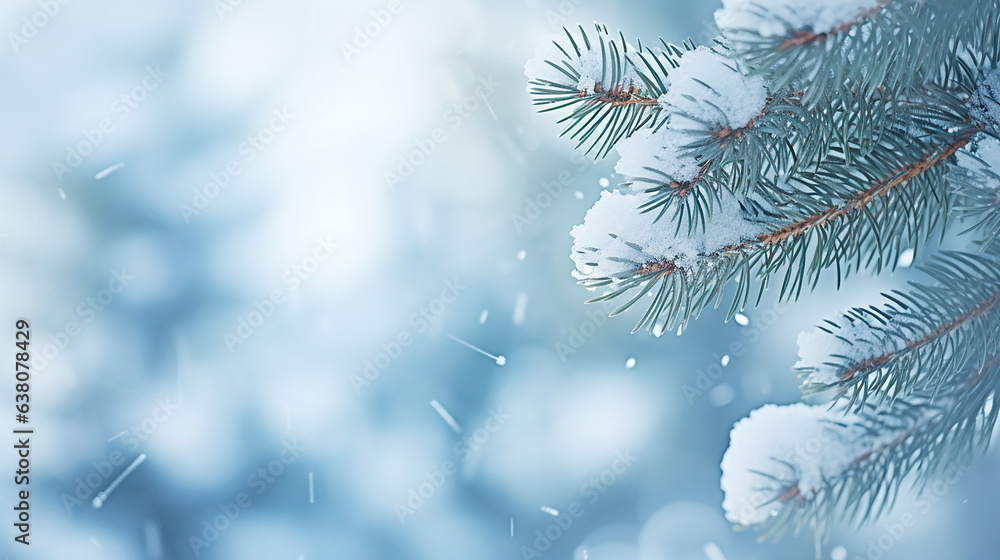 Snowy pine tree branches, Christmas tree, bokeh