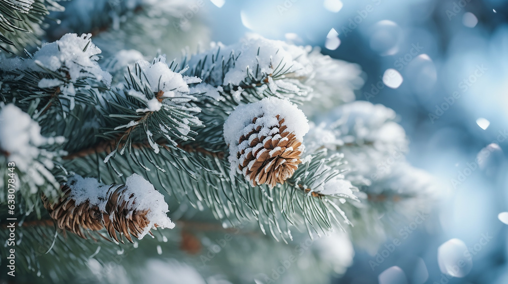 Snowy pine tree branches, Christmas tree, pine cones, bokeh Snowy pine tree branches, Christmas tree, pine cones, bokeh