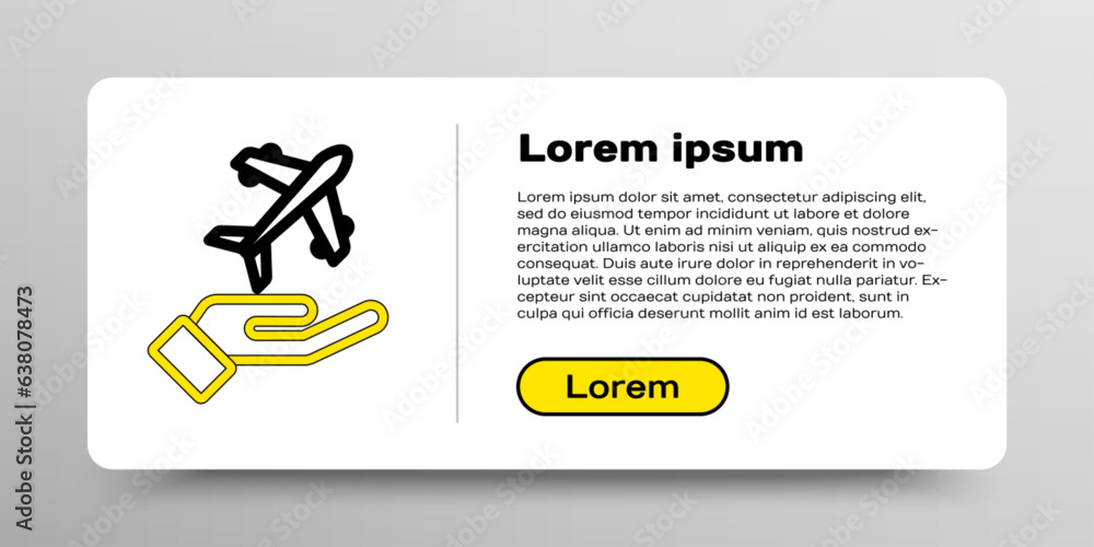 Line Plane in hand icon isolated on white background. Flying airplane. Airliner insurance. Security, safety, protection, protect concept. Colorful outline concept. Vector Line Plane in hand icon isolated on white background. Flying airplane. Airliner insurance. Security, safety, protection, protect concept. Colorful outline concept. Vector