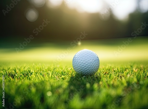 Golf ball on green in beautiful golf course with sunset. Golf ball close up in golf coures. Created with Generative AI technology.