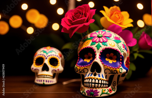 Calavera skulls and vivid flowers at night for celebration of Dia de los Muertos. Painted sugar skulls as mascot for Day of the Dead. Mexican tradition. Festival with smiling skeleton heads
