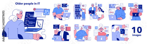 Senior developer set. Old people programming and coding. Developing