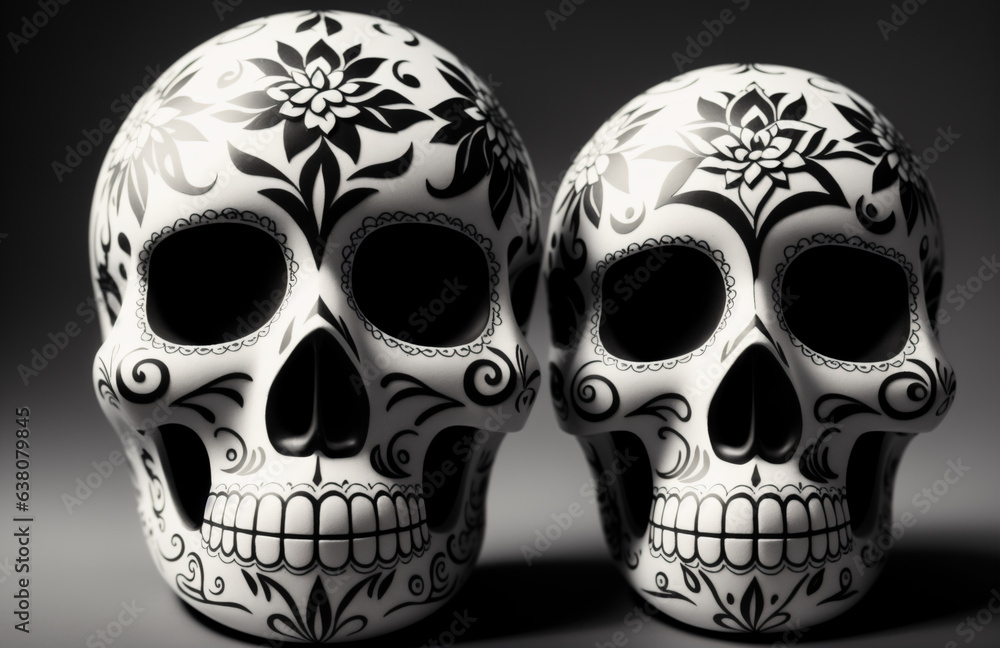 Black and white wallpaper with two sugar skulls as a symbol of Day of the Dead. Two calaveras for Dia de los Muertos. Mexican tradition Black and white wallpaper with two sugar skulls as a symbol of Day of the Dead. Two calaveras for Dia de los Muertos. Mexican tradition
