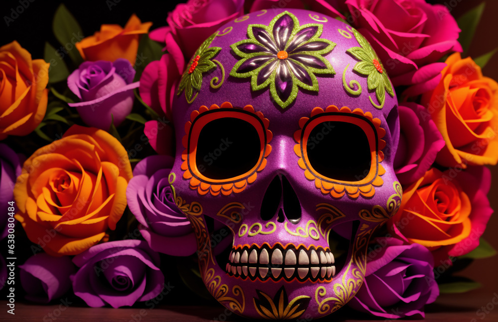 Dia de los Muertos wallpaper with traditional Mexican painted skulls on a black background Colorful smiling calaveras as a symbol of Day of the Dead