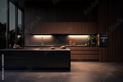 A cozy kitchen with an expansive island and a large window offering a view of nature, warmly illuminated by the light from the ceiling, creates an inviting atmosphere to gather around for delicious m © mockupzord