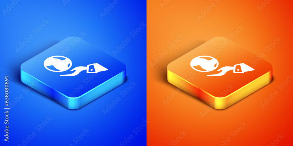 Isometric Human hands holding Earth globe icon isolated on blue and orange background. Save earth concept. Square button. Vector Isometric Human hands holding Earth globe icon isolated on blue and orange background. Save earth concept. Square button. Vector
