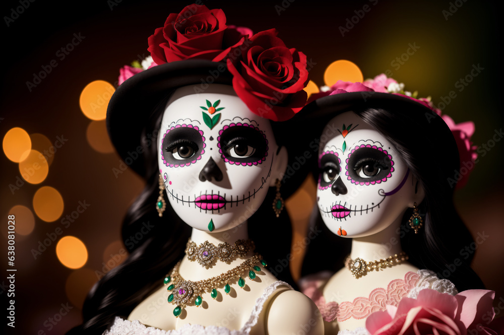 La Calavera Catrina dolls wearing Mexican dresses and hats with flowers