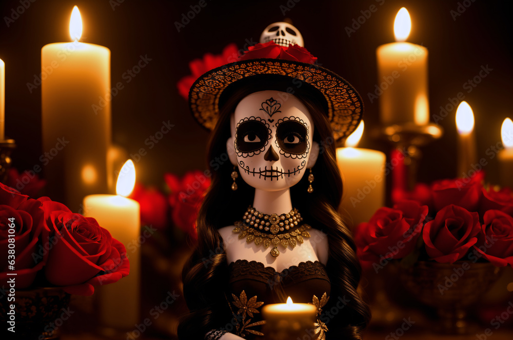 La Calavera Catrina doll with candles and flowers near ofrenda altar