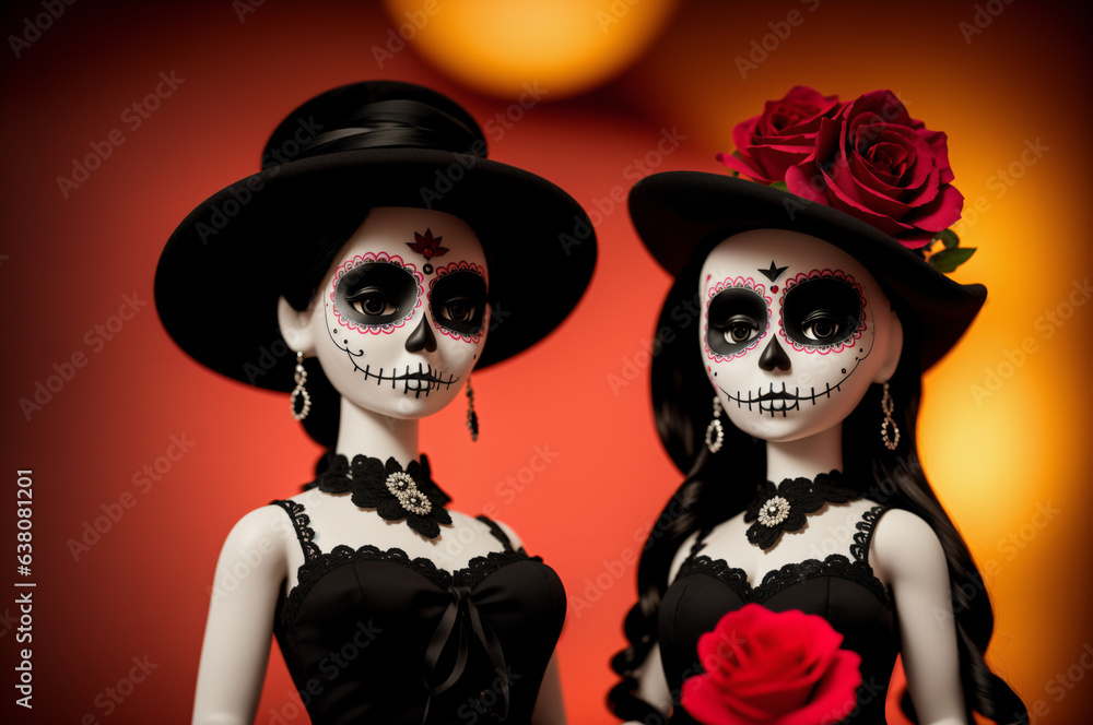 La Calavera Catrina dolls wearing Mexican dresses and hats with flowers