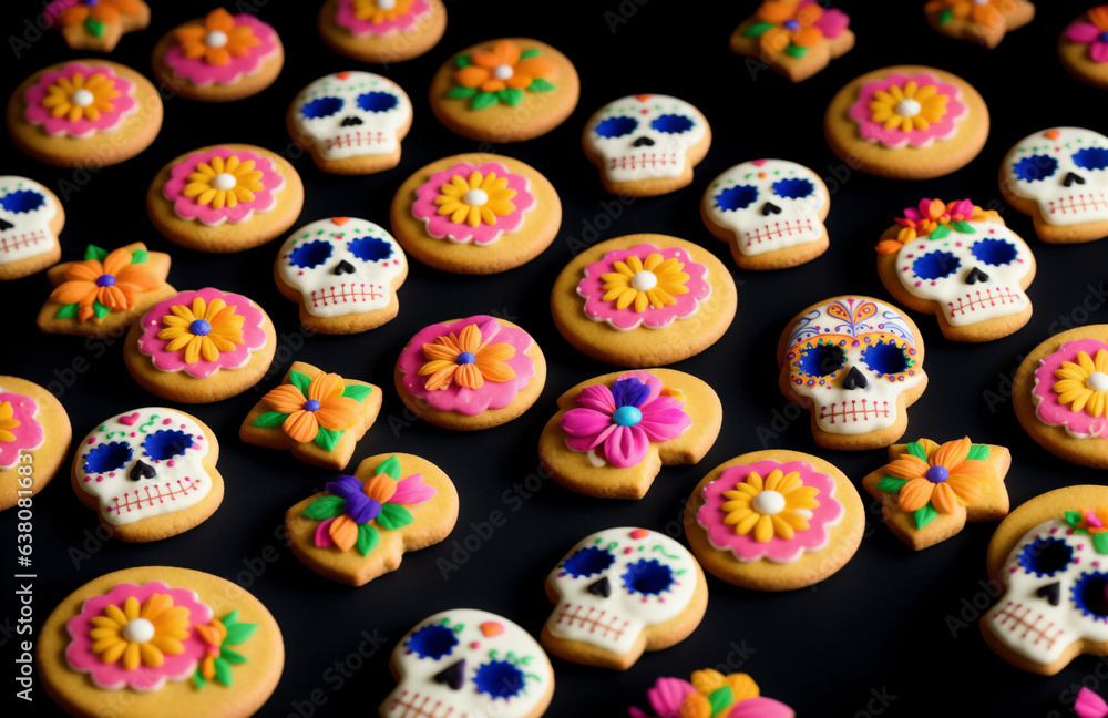 Cookies in the shape of sugar skulls on a tray with edible flowers to celebrate the Day of the Dead. Calavera baked sweets for Dia de los Muertos