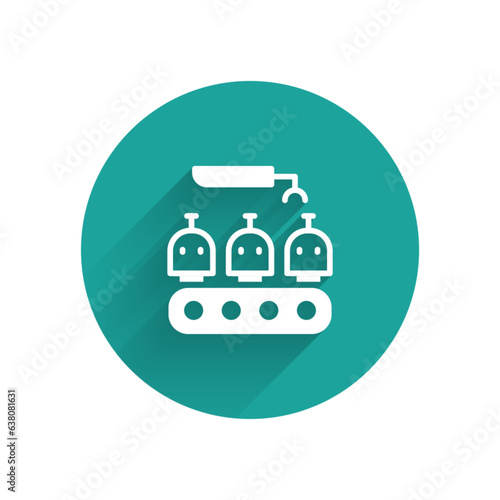 White Robotic arm assemble line mechanic manufacturing factory robot operator production icon isolated with long shadow. Green circle button. Vector