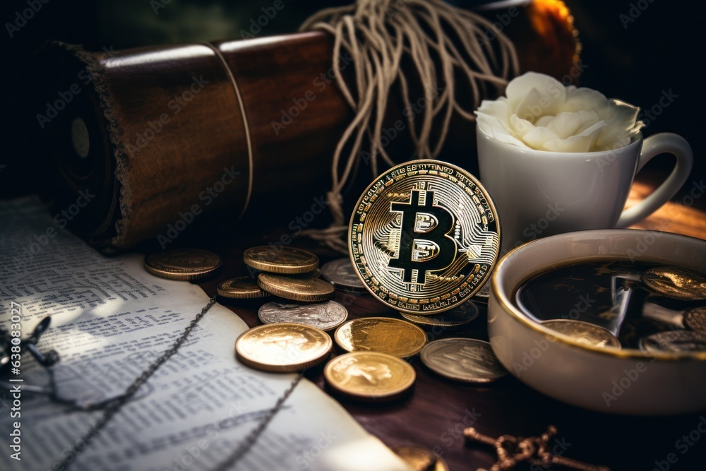 A warm mug of coffee sits atop a wooden table, surrounded by a variety of gleaming golden coins and a single bitcoin, inviting one to ponder the possibilities of fortune and fortune-seeking