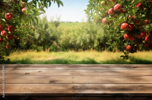 Leinwand Poster Empty rustic old wooden boards table copy space with apple trees orchard in background