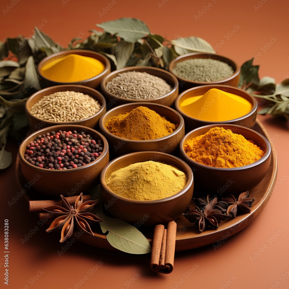 Spices and seasonings for taste. Diversity in the Indian spice market. Large selection of seasonings for cooking dishes on a yellow background with copy space. Spices and seasonings for taste. Diversity in the Indian spice market. Large selection of seasonings for cooking dishes on a yellow background with copy space.