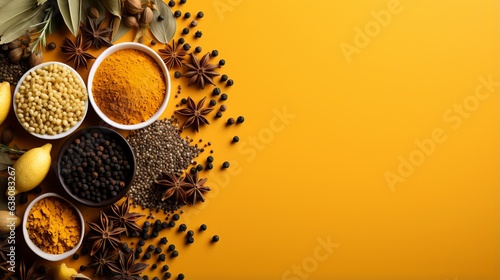 Fototapeta Naklejka Na Ścianę i Meble -  Spices and seasonings for taste. Diversity in the Indian spice market. Large selection of seasonings for cooking dishes on a yellow background with copy space. 
