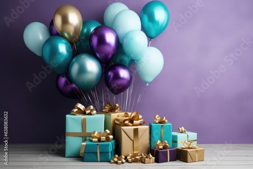 Purple, gold, blue balloons with helium and gift boxes on purple empty wall. Copy space.
