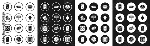 Set Casino chip with dollar symbol, signboard, Playing cards and glass of whiskey ice cubes, spades, diamonds, Poker table, and Game dice icon. Vector
