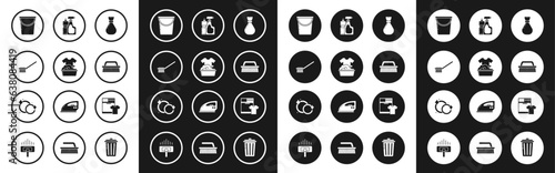 Set Garbage bag, Plastic basin with soap suds, Toilet brush, Bucket, Brush for cleaning, bottles liquid dishwashing liquid, Washer and t-shirt and Washing dishes icon. Vector