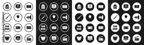 Set Online play video, Balloon with ribbon, Knife, Popcorn cardboard box, Movie spotlight, Computer PC monitor 4k technology, movie, tape, frame and The End handwritten inscription icon. Vector