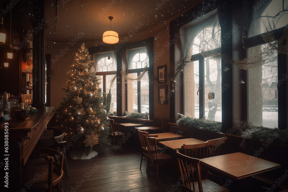 Winter cafe interior with decorated New Year tree. Generative AI